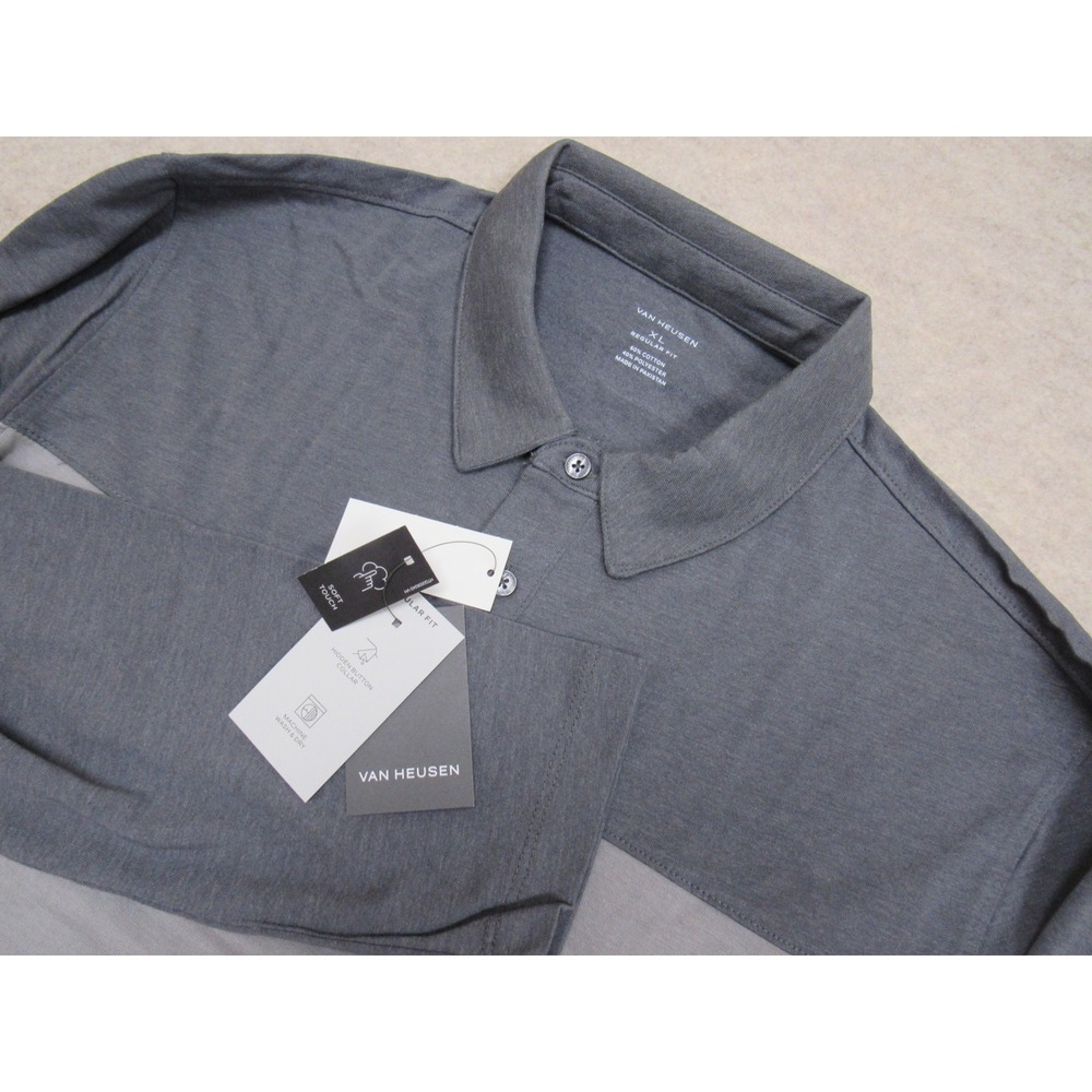 Van Heusen Mens XL Long Sleeve Polo Shirt Gray Colorblock Soft Touch NWT